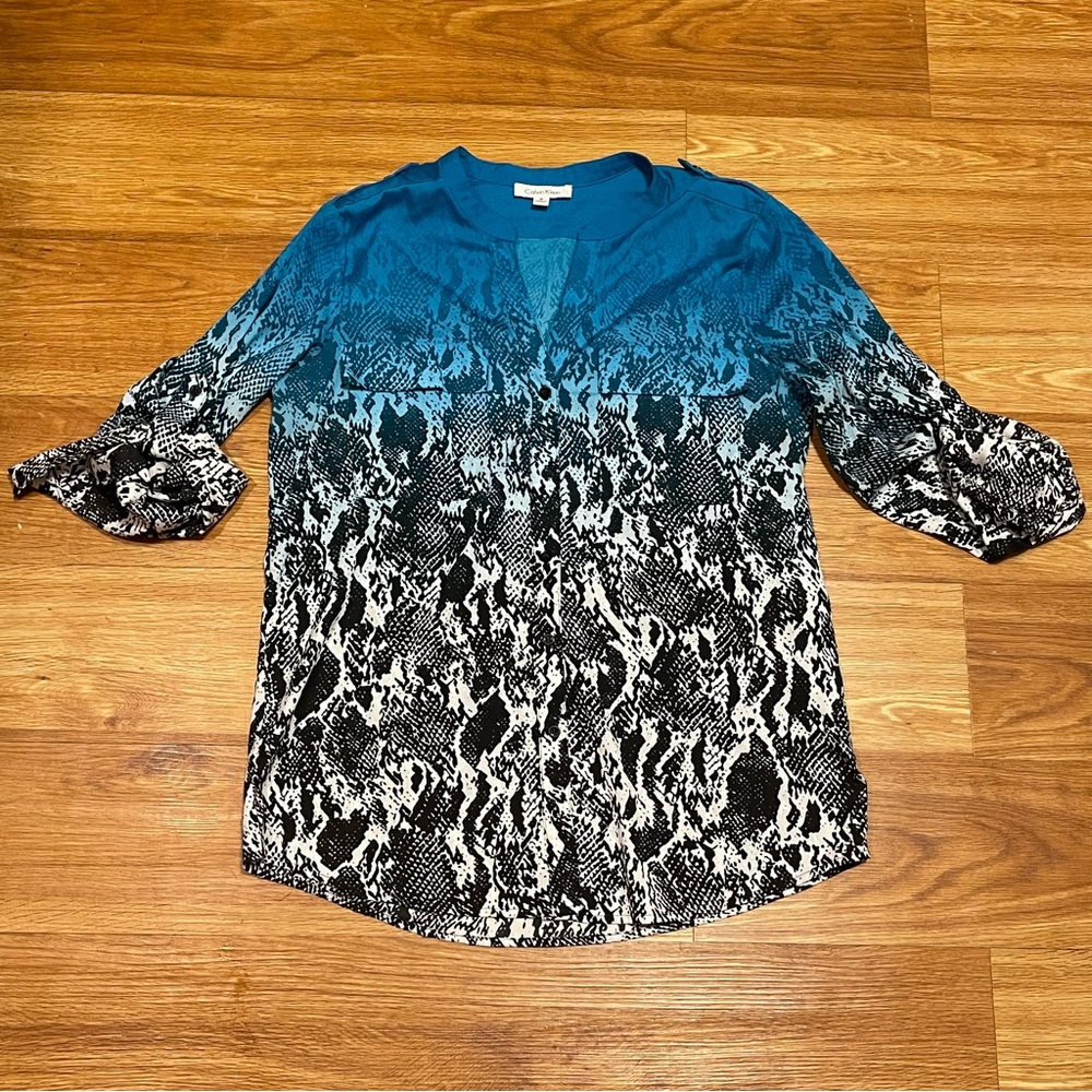 Calvin Klein Ladies Long Sleeve Button Down Top, Black White Teal Animal Print
